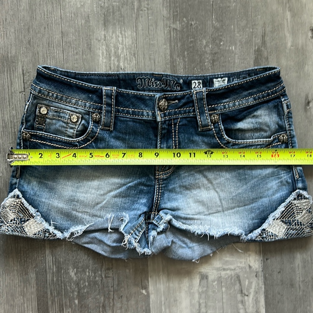 Miss Me Blue Denim Distressed Shorts with Snake Print Trim - Picture 4 of 13
